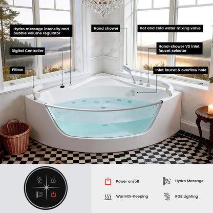 Nuvia Serenity 59-Inch 2-Person Acrylic Corner Whirlpool 16-Jet Hydro Massage Bathtub With Heater Rainbow Light (SAK12058)