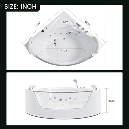 Nuvia Serenity 59-Inch 2-Person Acrylic Corner Whirlpool 16-Jet Hydro Massage Bathtub With Heater Rainbow Light (SAK12058)