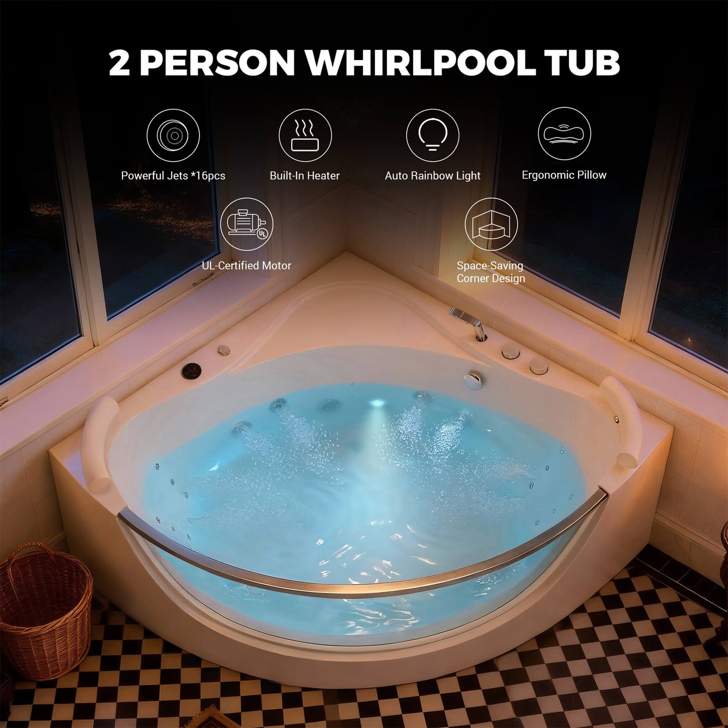 Nuvia Serenity 59-Inch 2-Person Acrylic Corner Whirlpool 16-Jet Hydro Massage Bathtub With Heater Rainbow Light (SAK12058)