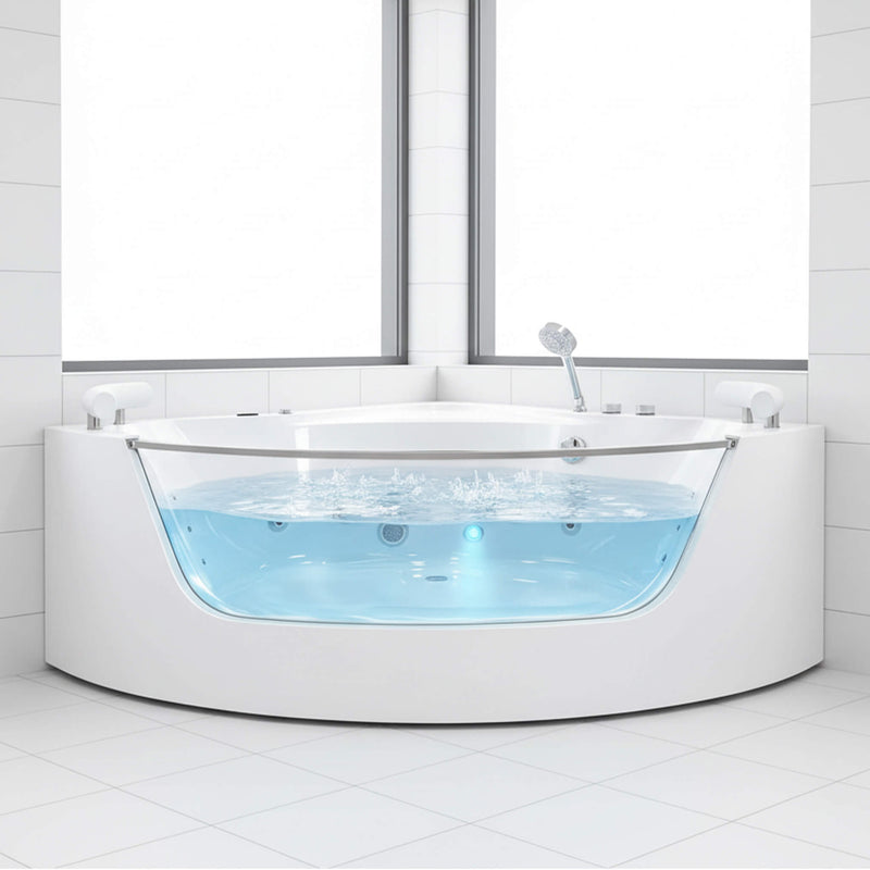 Nuvia Serenity 59-Inch 2-Person Acrylic Corner Whirlpool 16-Jet Hydro Massage Bathtub With Heater Rainbow Light (SAK12058)