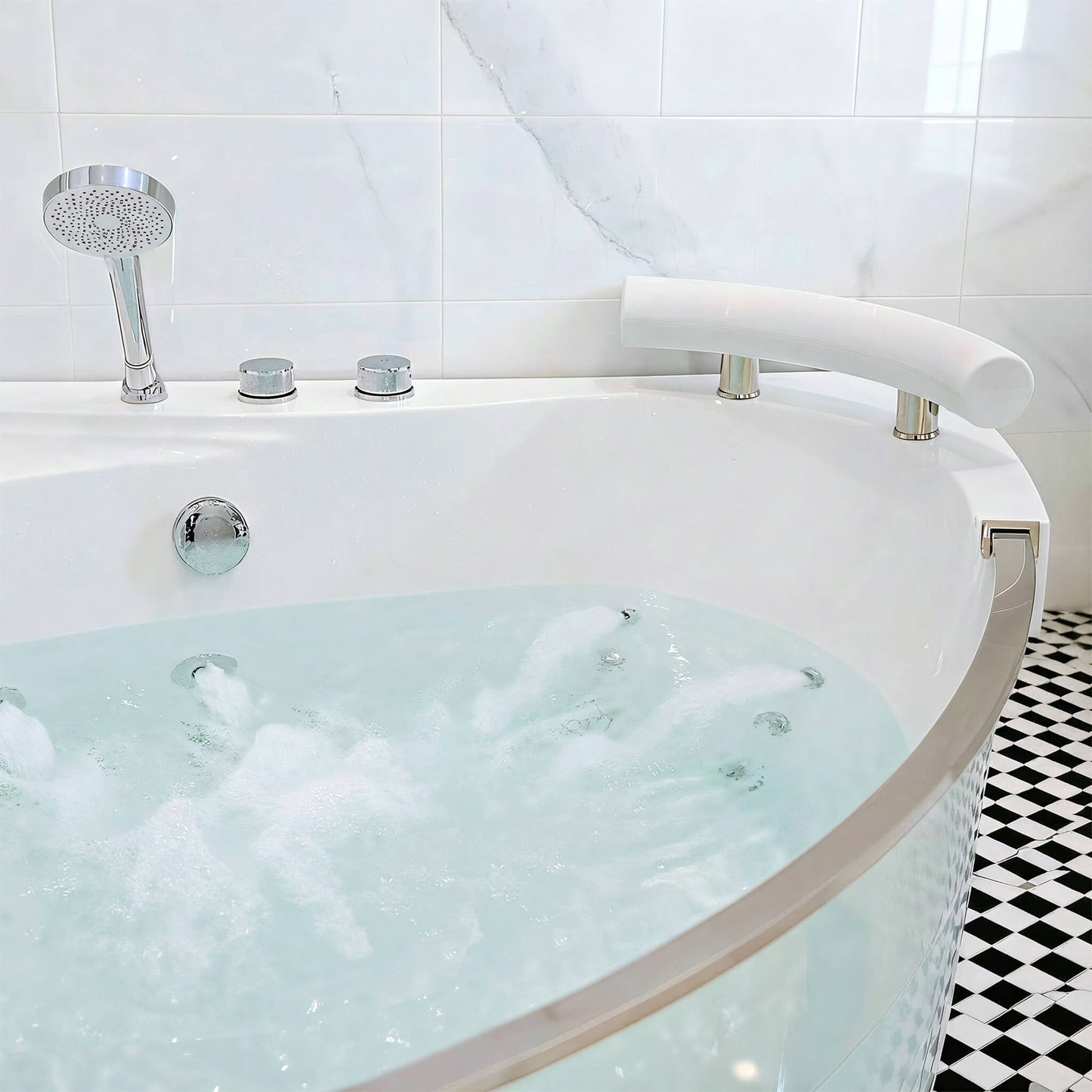 Nuvia Serenity 59-Inch 2-Person Acrylic Corner Whirlpool 16-Jet Hydro Massage Bathtub With Heater Rainbow Light (SAK12058)