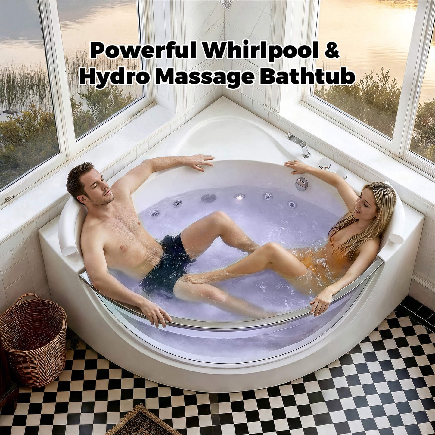 Nuvia Serenity 59-Inch 2-Person Acrylic Corner Whirlpool 16-Jet Hydro Massage Bathtub With Heater Rainbow Light (SAK12058)