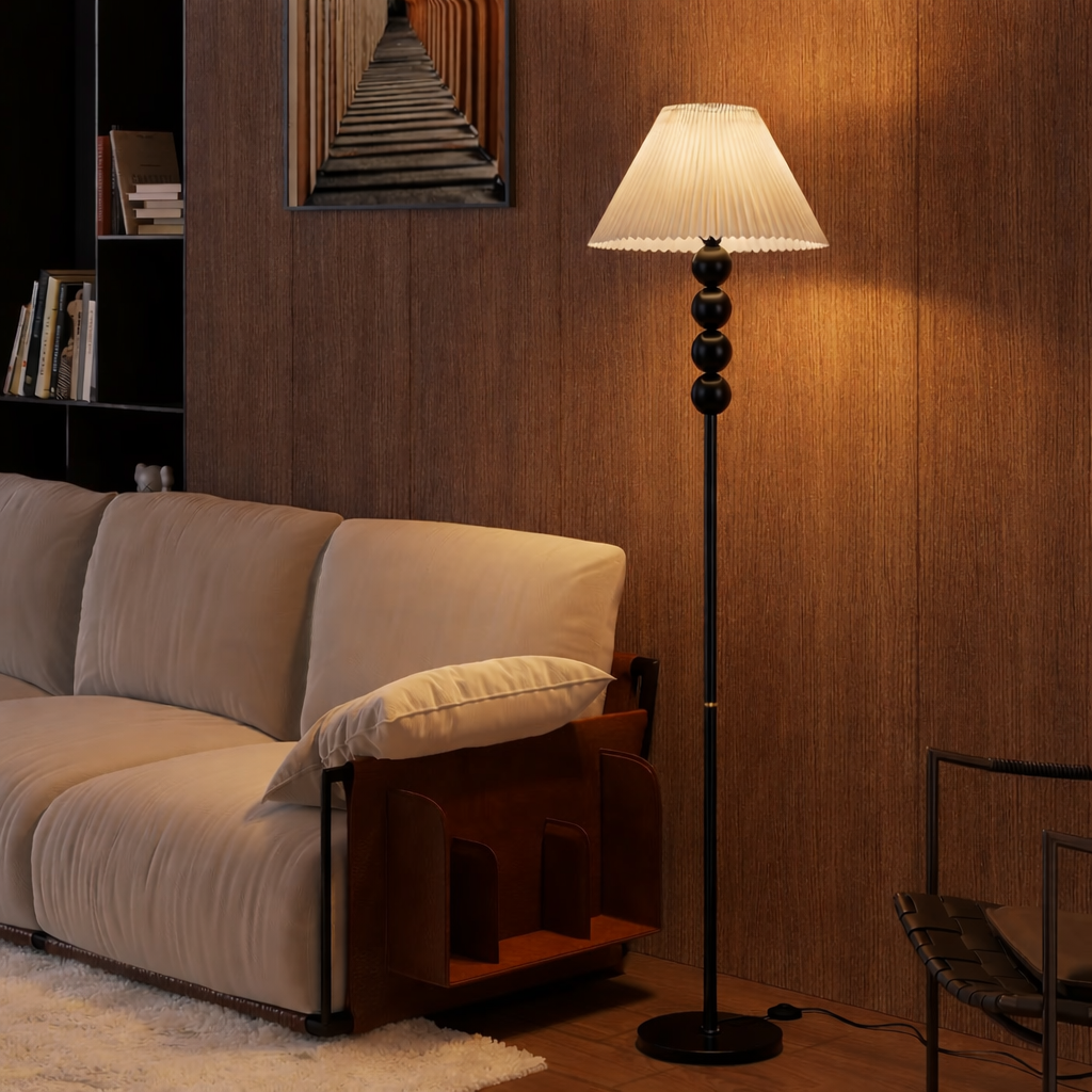 Mid Century Modern Wood Large Floor Lamp with Pleated Lampshade 65"H