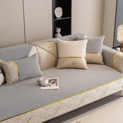 Non-Slip Couch Cover with Gold Trim, Sofa Slipcover for Sectional & Loveseat