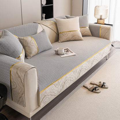 Non-Slip Couch Cover with Gold Trim, Sofa Slipcover for Sectional & Loveseat