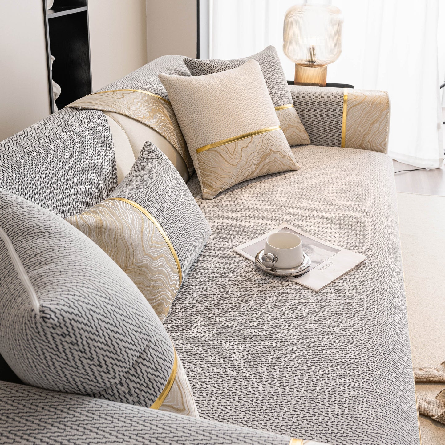 Non-Slip Couch Cover with Gold Trim, Sofa Slipcover for Sectional & Loveseat
