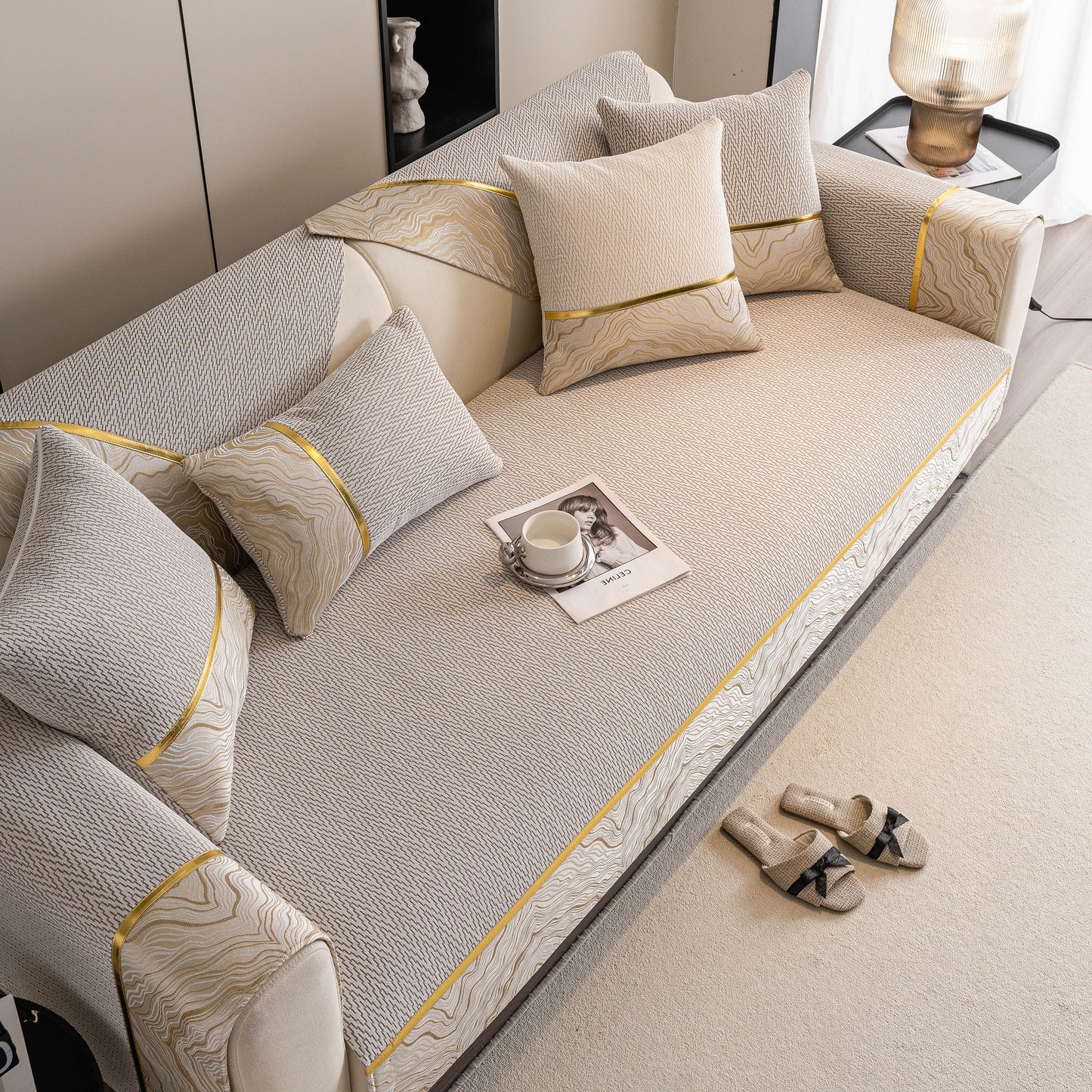 Non-Slip Couch Cover with Gold Trim, Sofa Slipcover for Sectional & Loveseat