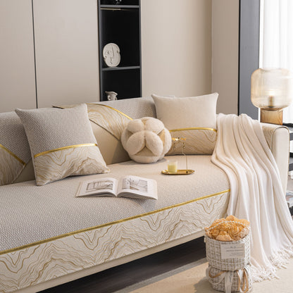 Non-Slip Couch Cover with Gold Trim, Sofa Slipcover for Sectional & Loveseat