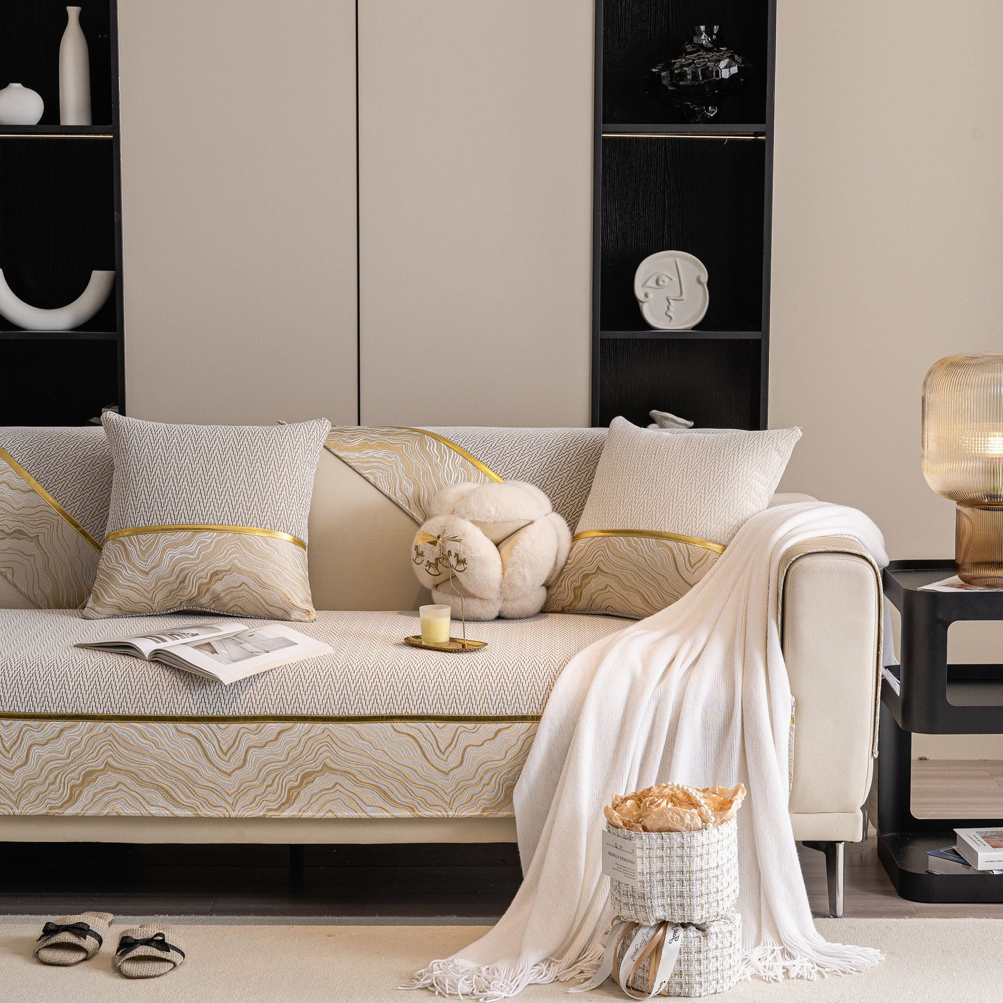 Non-Slip Couch Cover with Gold Trim, Sofa Slipcover for Sectional & Loveseat