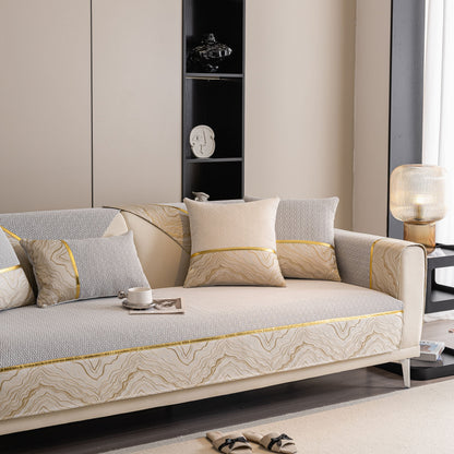 Non-Slip Couch Cover with Gold Trim, Sofa Slipcover for Sectional & Loveseat