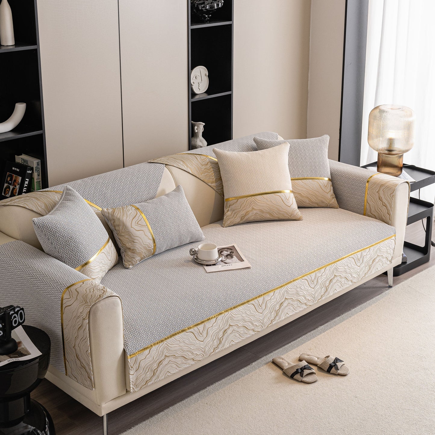 Non-Slip Couch Cover with Gold Trim, Sofa Slipcover for Sectional & Loveseat