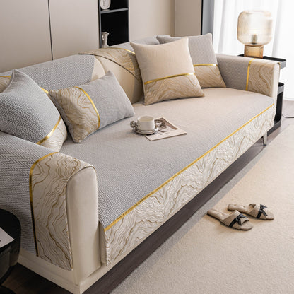 Non-Slip Couch Cover with Gold Trim, Sofa Slipcover for Sectional & Loveseat
