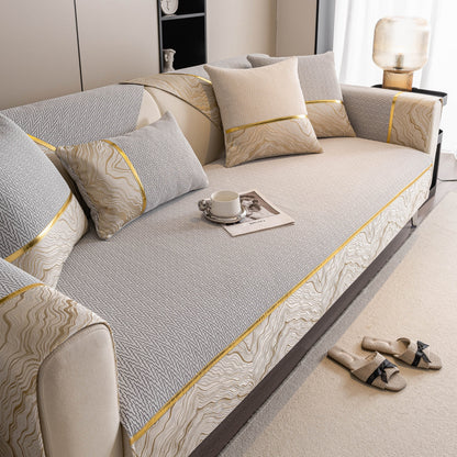 Non-Slip Couch Cover with Gold Trim, Sofa Slipcover for Sectional & Loveseat