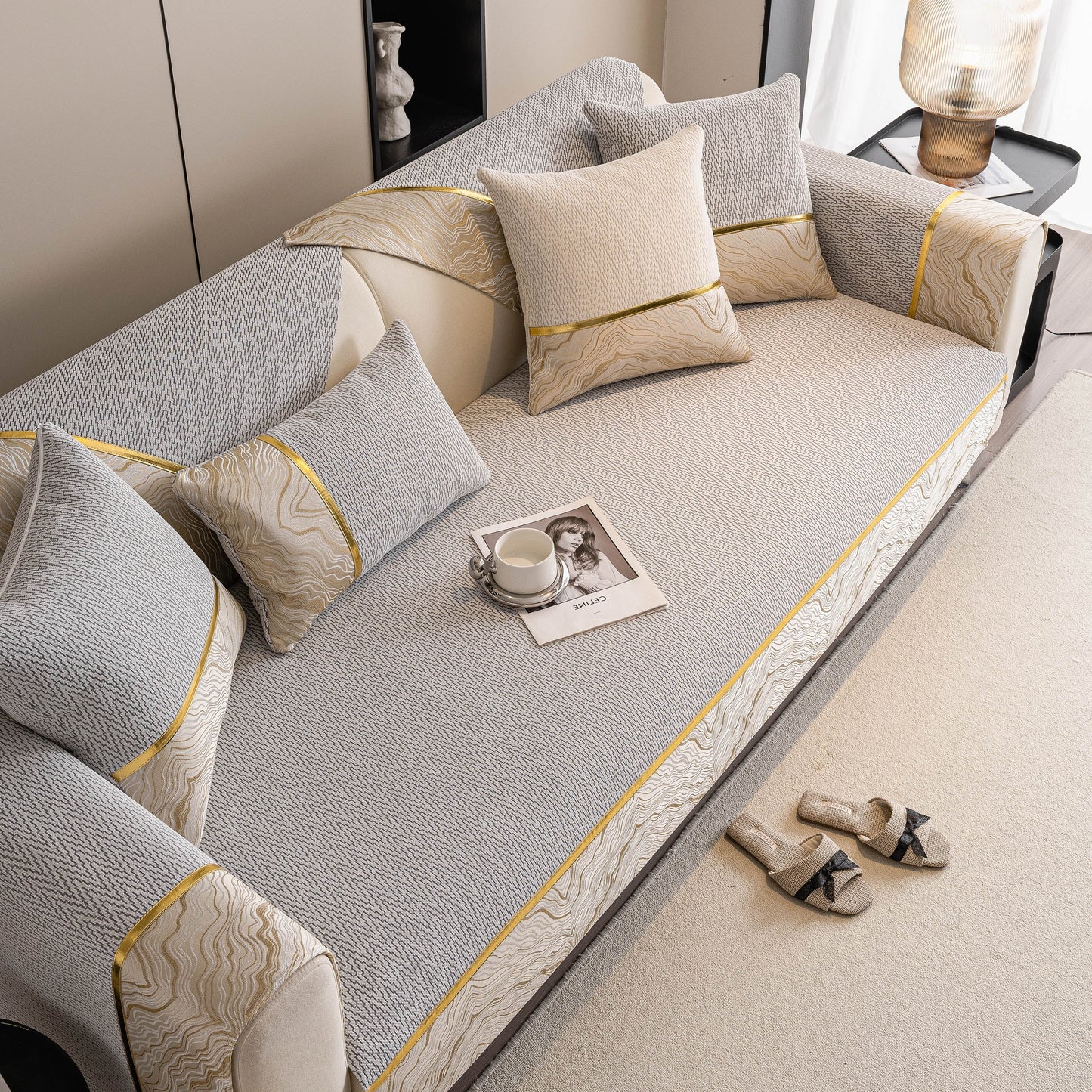 Non-Slip Couch Cover with Gold Trim, Sofa Slipcover for Sectional & Loveseat