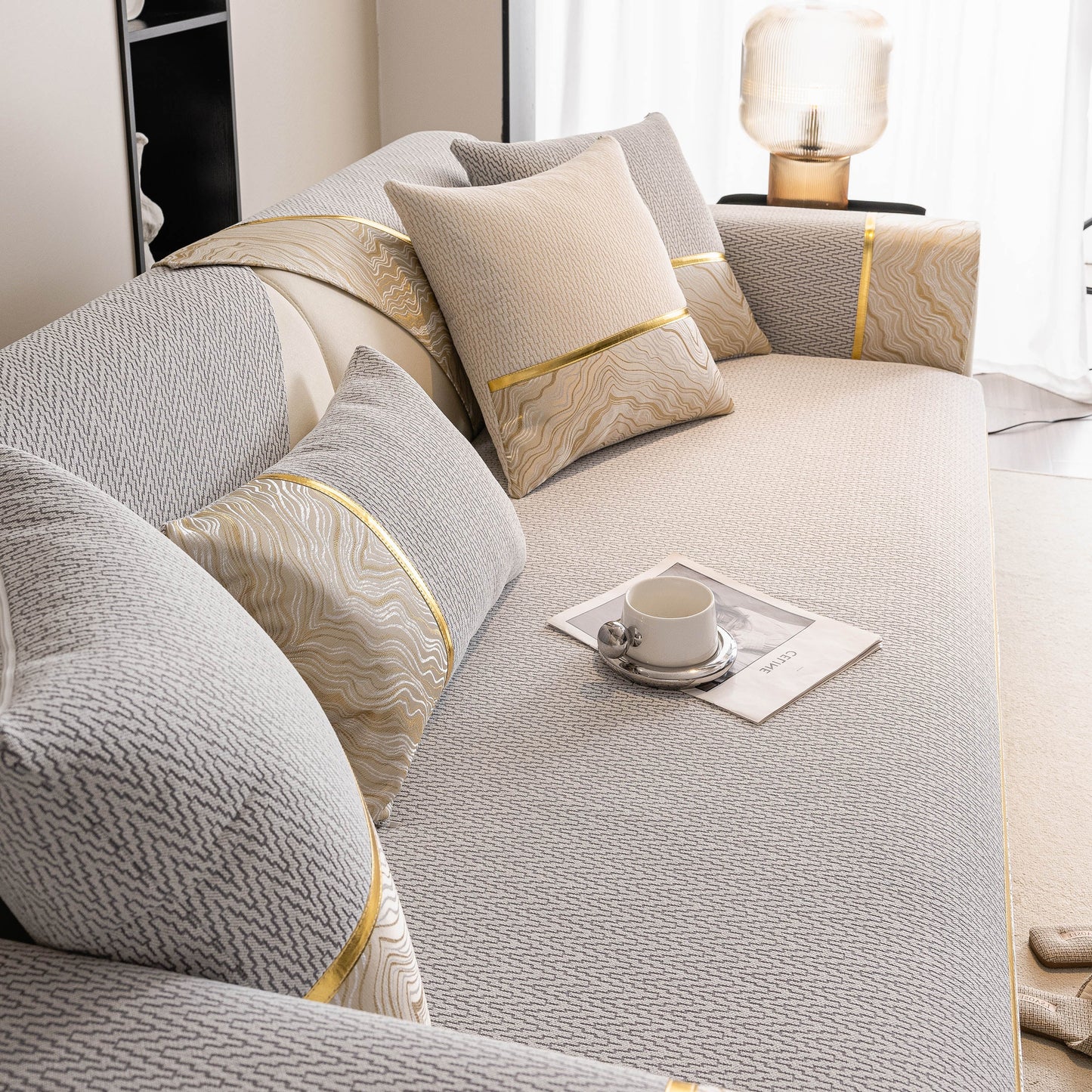 Non-Slip Couch Cover with Gold Trim, Sofa Slipcover for Sectional & Loveseat
