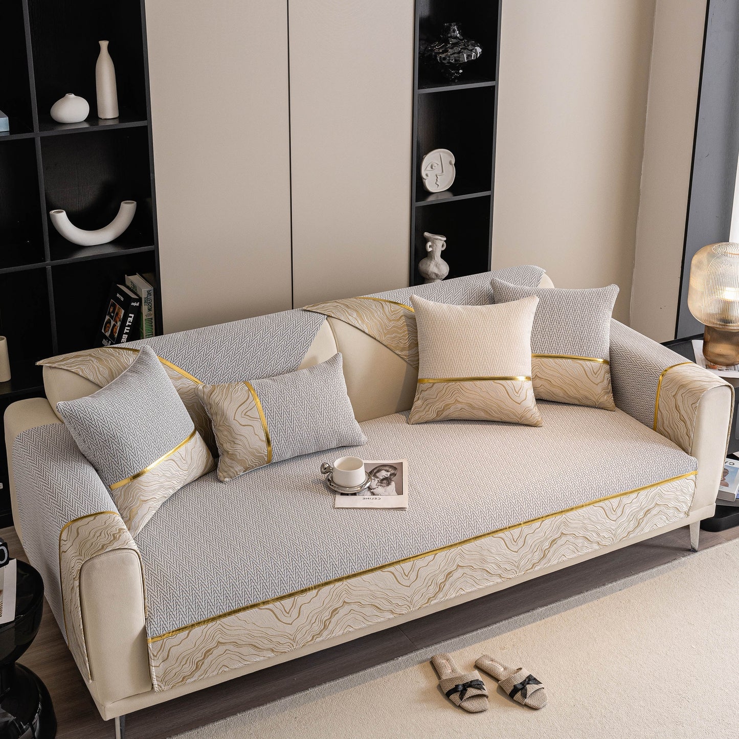 Non-Slip Couch Cover with Gold Trim, Sofa Slipcover for Sectional & Loveseat
