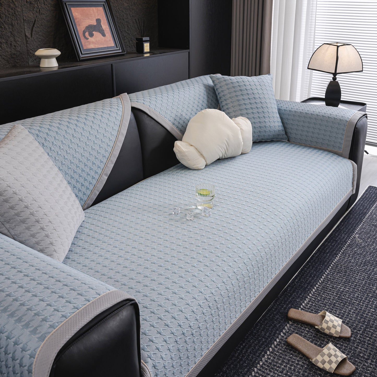 Houndstooth Ice Silk Breathable Sofa Cover, Modern Non-Slip Summer Couch Protector