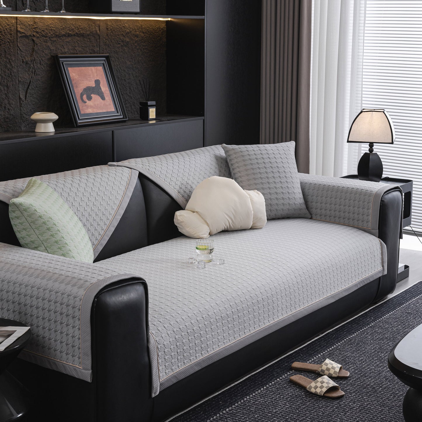 Houndstooth Ice Silk Breathable Sofa Cover, Modern Non-Slip Summer Couch Protector