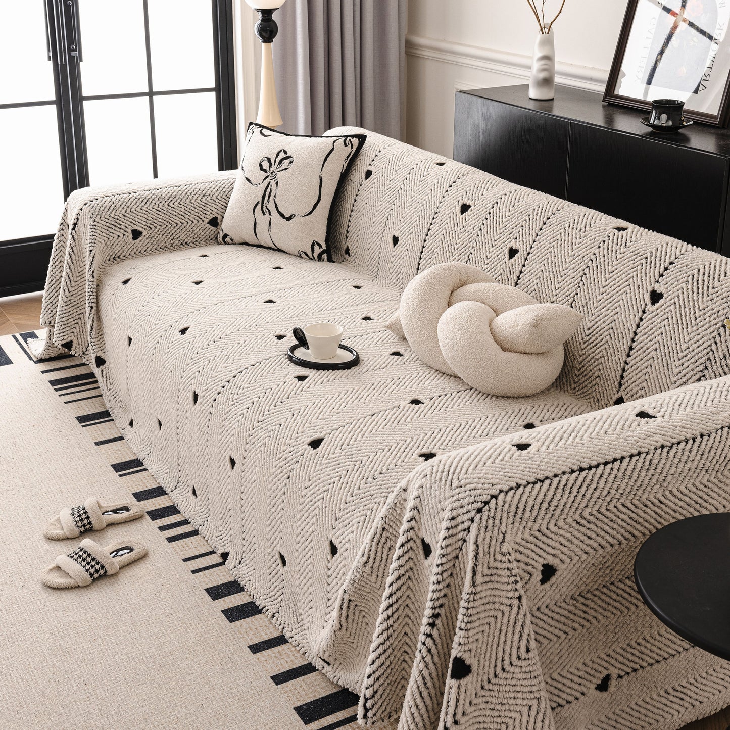 Thick Plush Sofa Cover Throw for Couch, 3D Textured Herringbone Washable Slipcover