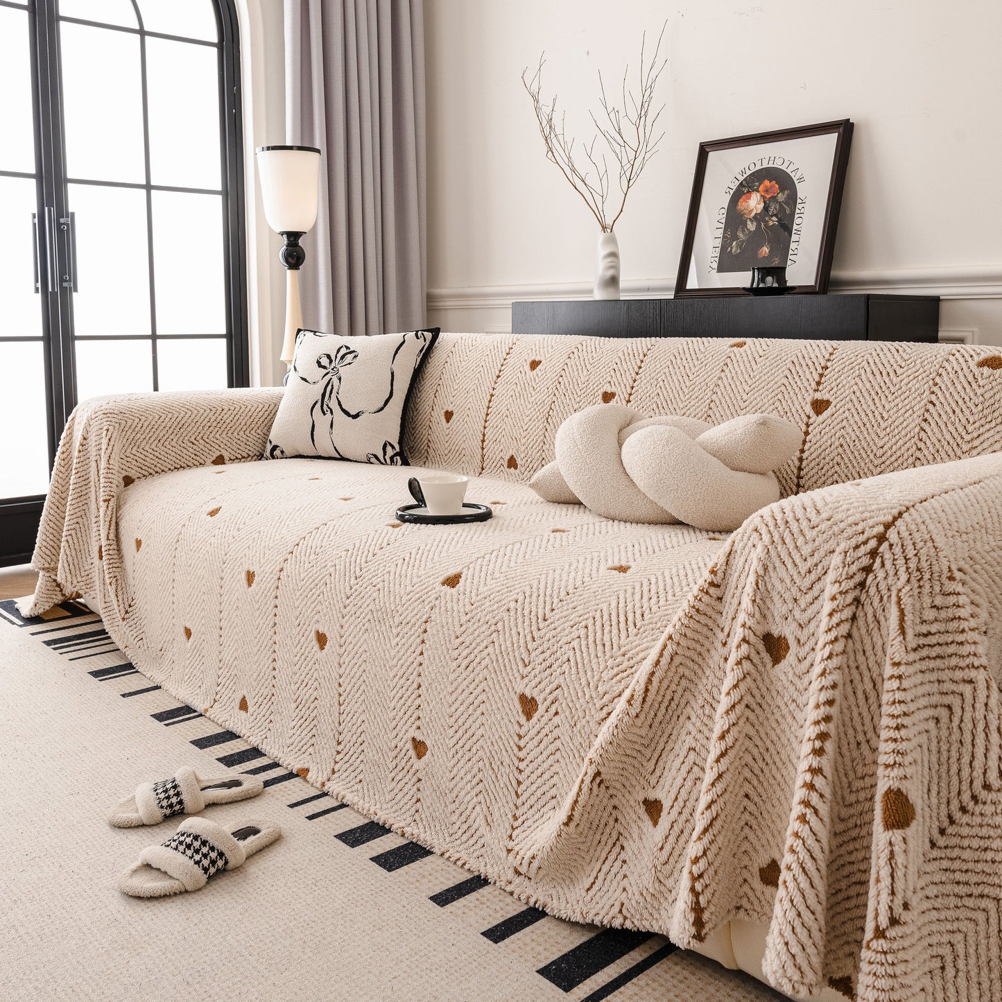 Thick Plush Sofa Cover Throw for Couch, 3D Textured Herringbone Washable Slipcover