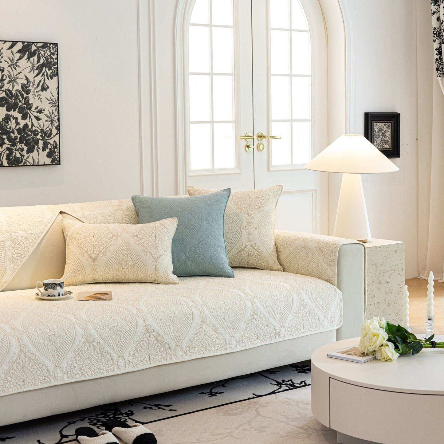 Baroque Sofa Cover – Quilted Cotton, Non-Slip, Washable with Ornate Embroidery