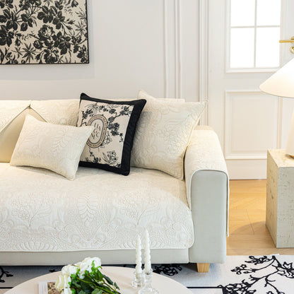 Baroque Floral Quilted Cotton Sofa Cover, Non-Slip Washable Couch Protector