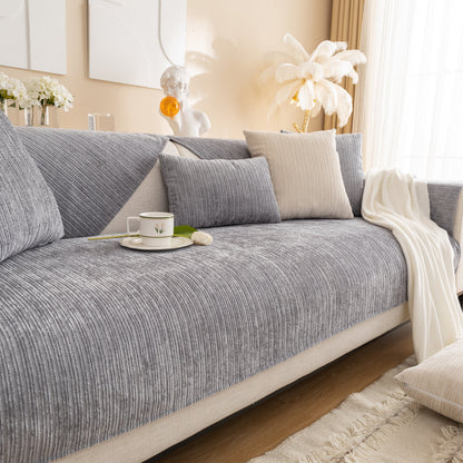 Plush Solid Color Striped L-Shaped Sofa Slipcovers, Washable Non-Slip Textured Furniture Covers