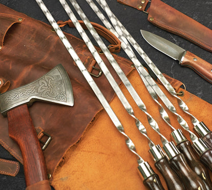 "Chieftain" Camping Accessories BBQ Skewers Set  in a Leather Case, 9 items