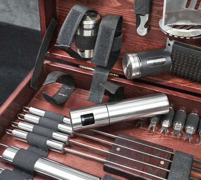 “Texas" Camping Accessories BBQ Tools Set in a Wooden Case, 39 items