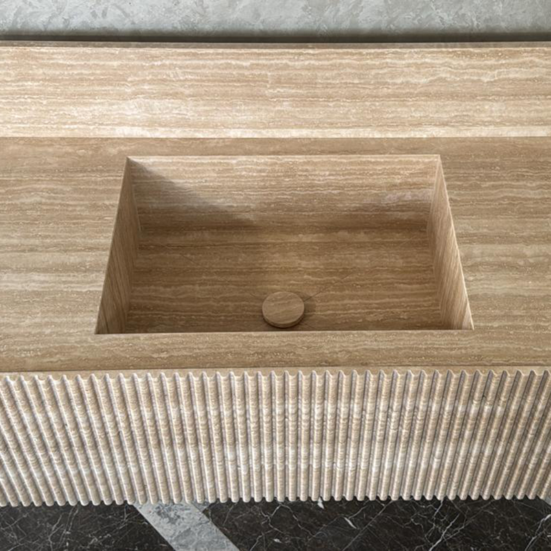 Beige Travertine Handmade Vessel Sink - Vein Cut Natural Stone