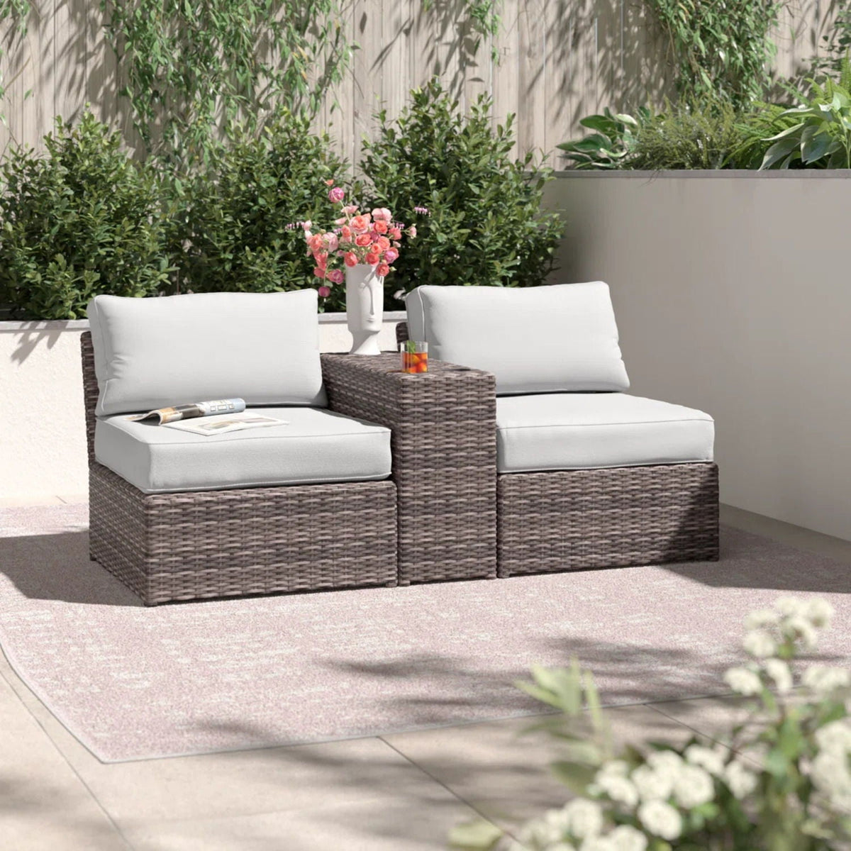 2 Person Wicker Conversation Set With Cushions, Weather Resistant