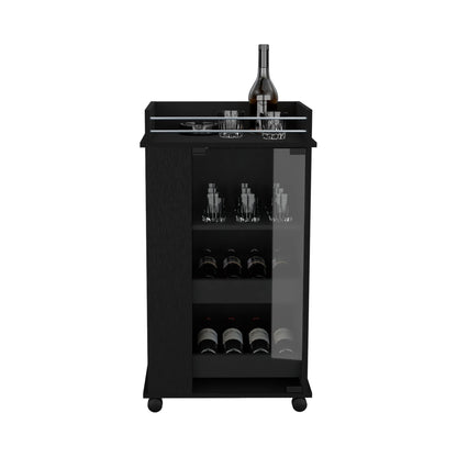 Bar Cart With Glass Door, 2 Side Shelves And Casters - Black