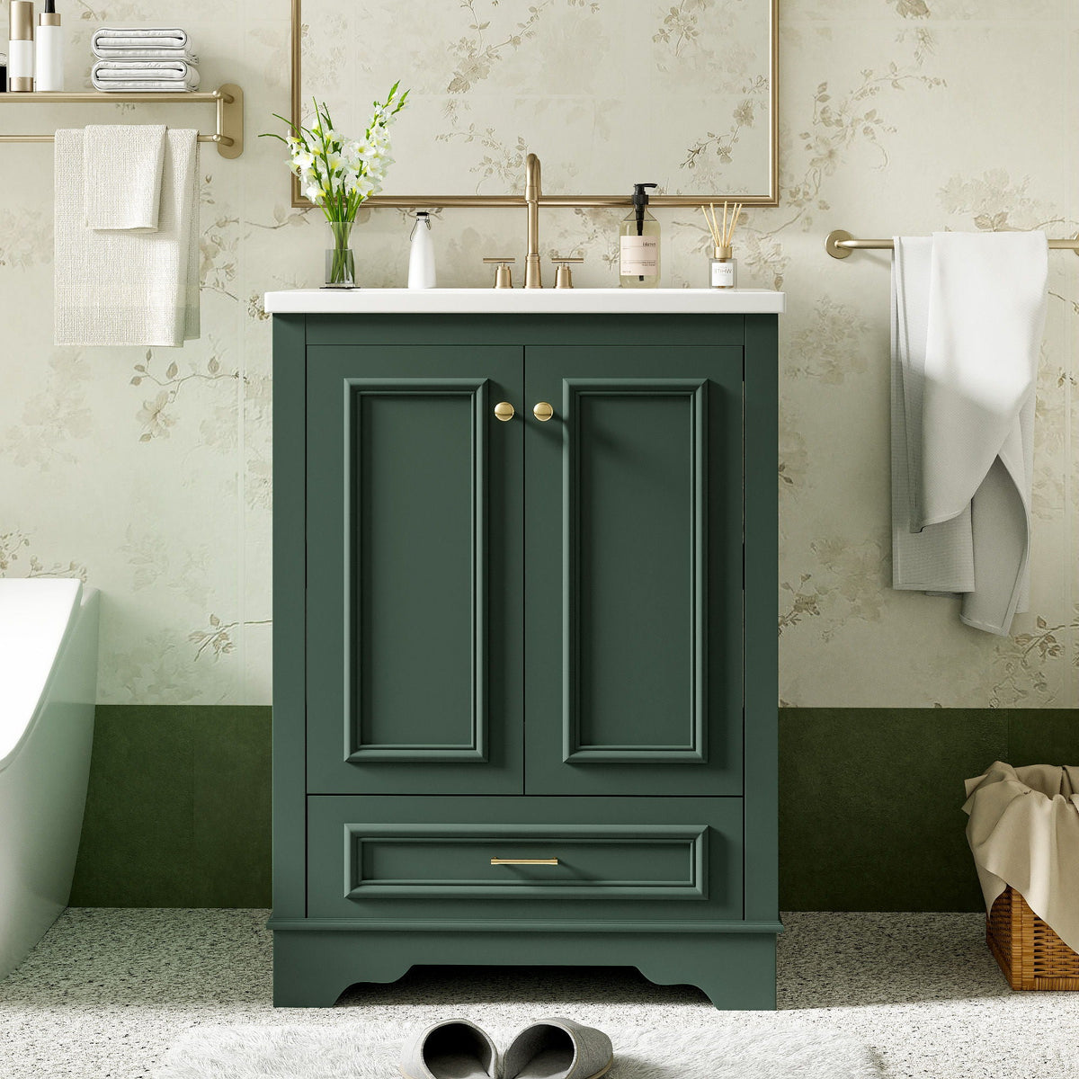 Bathroom Vanity With Ceramic Sink Combo, Modern Freestanding Storage Cabinet With Silver Handles