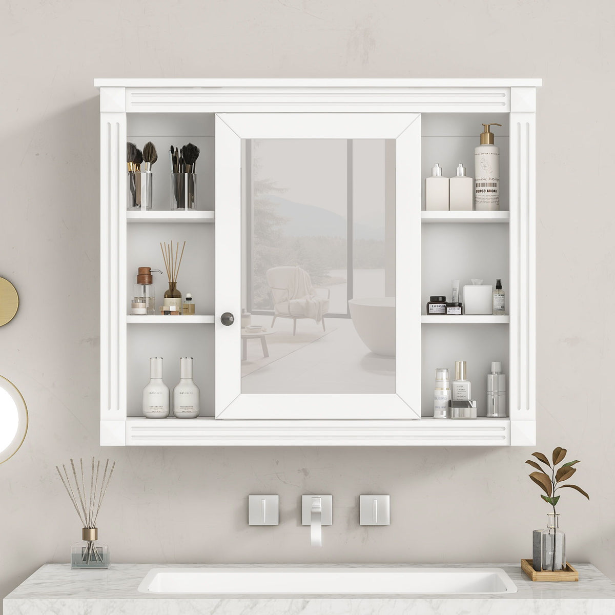 Wall Mounted Bathroom Storage Cabinet With Mirror, Cabinet With 6 Open Shelves And Adjustable Interior