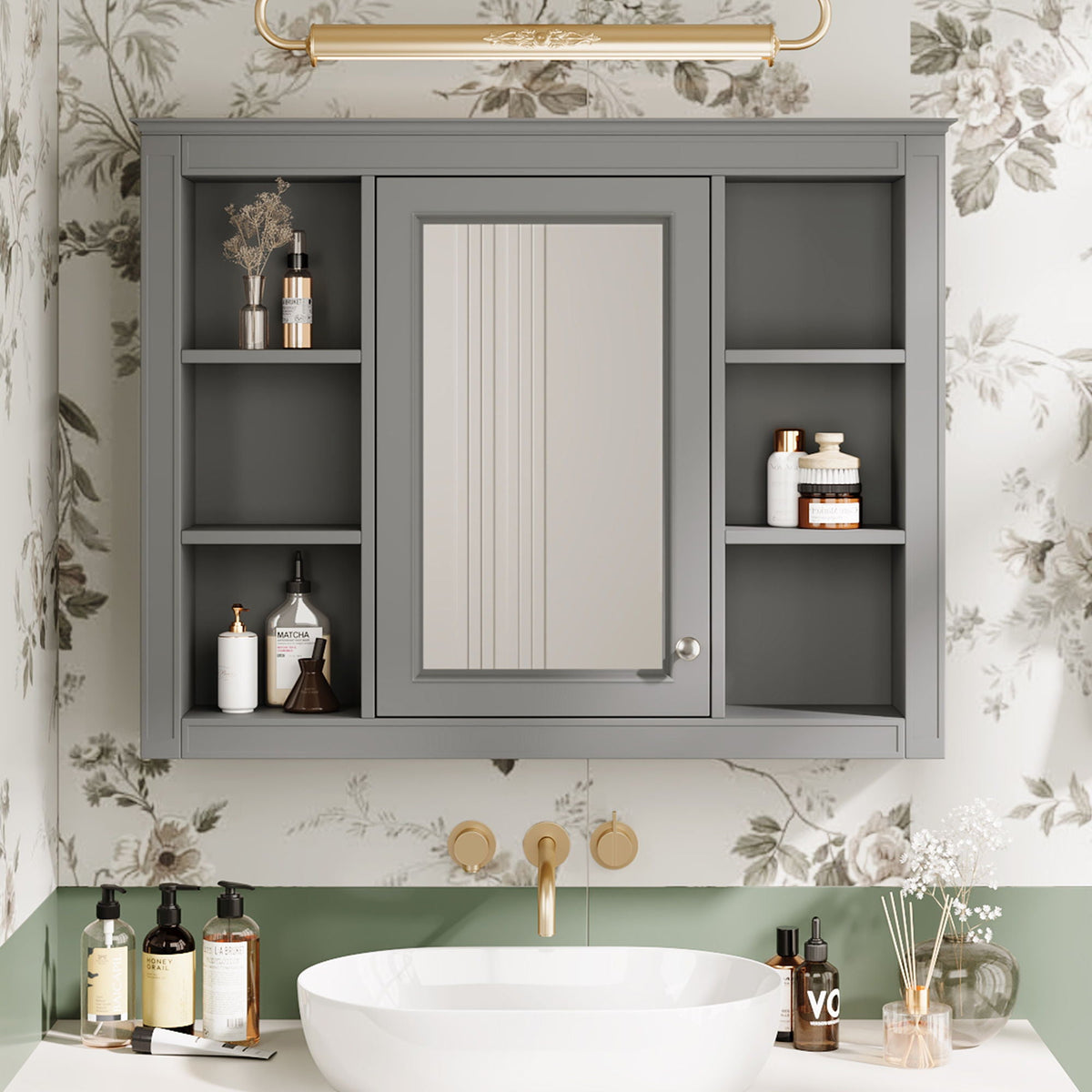 Wall Mounted Medicine Cabinet With Mirror, Storage Cabinet Featuring 6 Open Shelves And Adjustable Interior