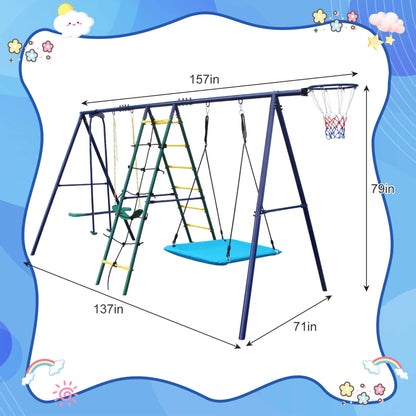 6-In-1 Outdoor Swing Set With Climbing Ladder Net And Basketball Hoop (SAK98152)