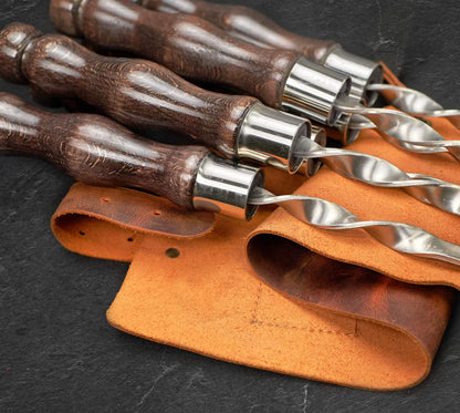 “Quiver Max" Camping Accessories BBQ Skewers Set  in a Leather Case, 9 items