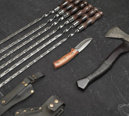 "Chieftain" Camping Accessories BBQ Skewers Set  in a Leather Case, 9 items
