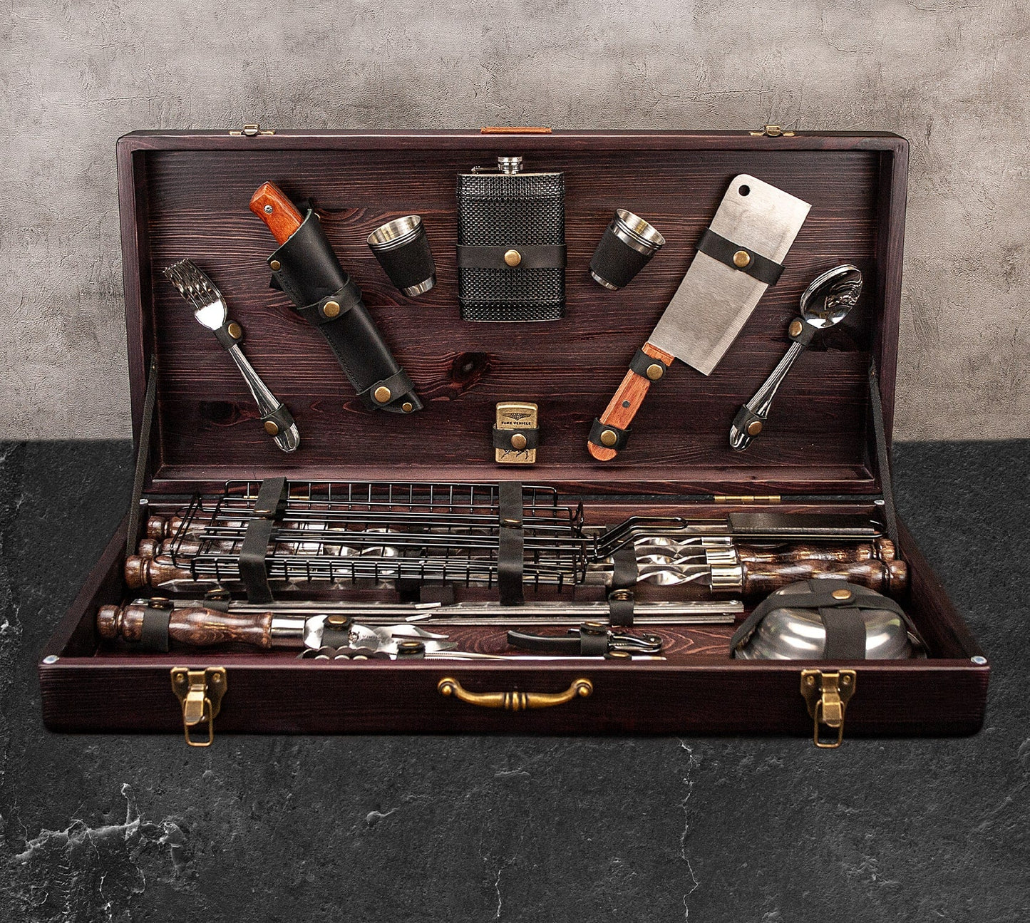 “Odin" Grilling Accessories BBQ Skewers Set  in a Wooden Case, 45 items
