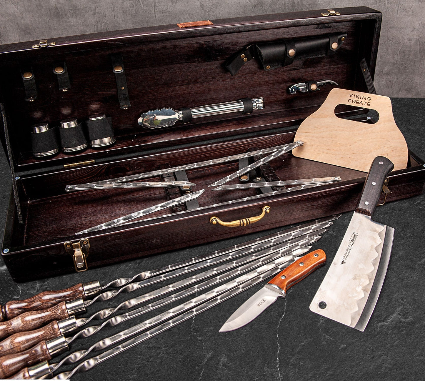 “Moose" Camping Accessories BBQ Skewers Set  in a Wooden Case, 18 items