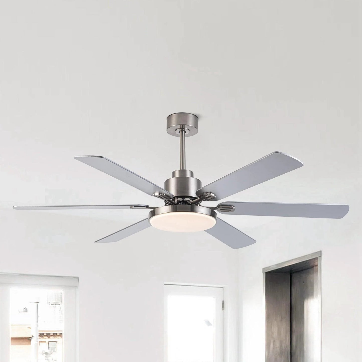 60" Modern Satin Nickel DC Motor Downrod Mount Reversible Ceiling Fan with Lighting and Remote Control