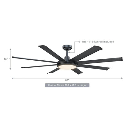 60" Black Led Indoor Ceiling Fan with Remote 8 Blade