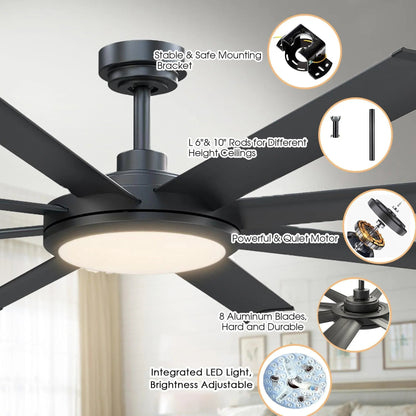 60" Black Led Indoor Ceiling Fan with Remote 8 Blade
