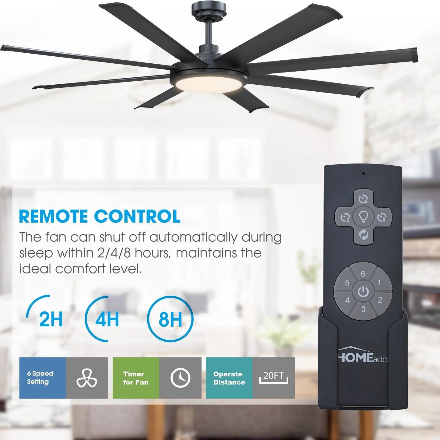 60" Black Led Indoor Ceiling Fan with Remote 8 Blade