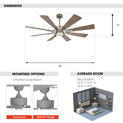 60" Oretha Windmill 8 Blade Led Indoor Oil Rubbed Bronze Ceiling Fan with Remote And Light Kit Included