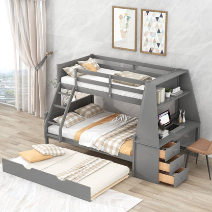 Bunk Bed With Trundle And Built In Desk, 3 Storage Drawers And Shelf