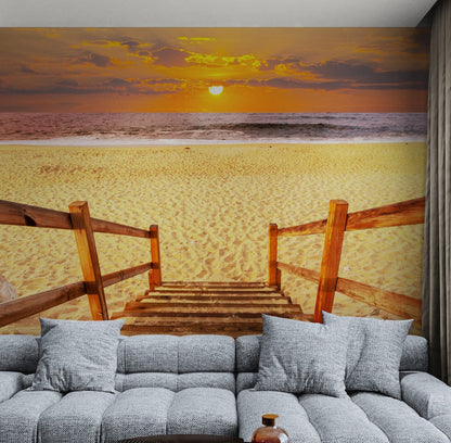 Yellow Sunset on Beach Wallpaper Mural. #6049