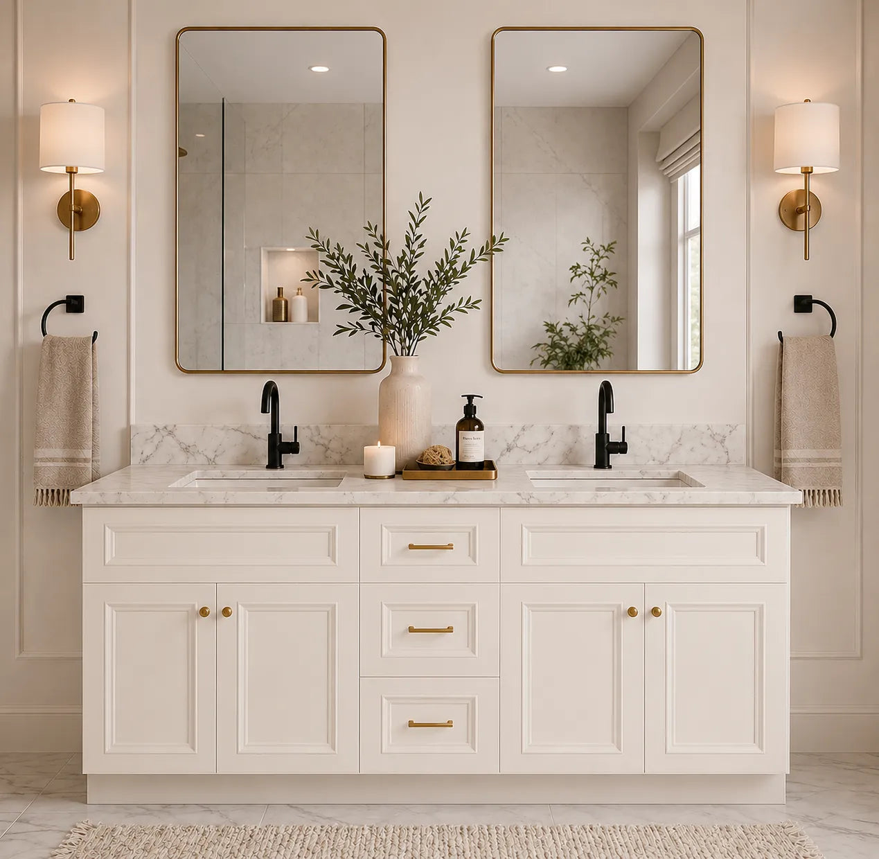 Antique White 60" Double Sink Bathroom Vanity Combo w/ Drawers