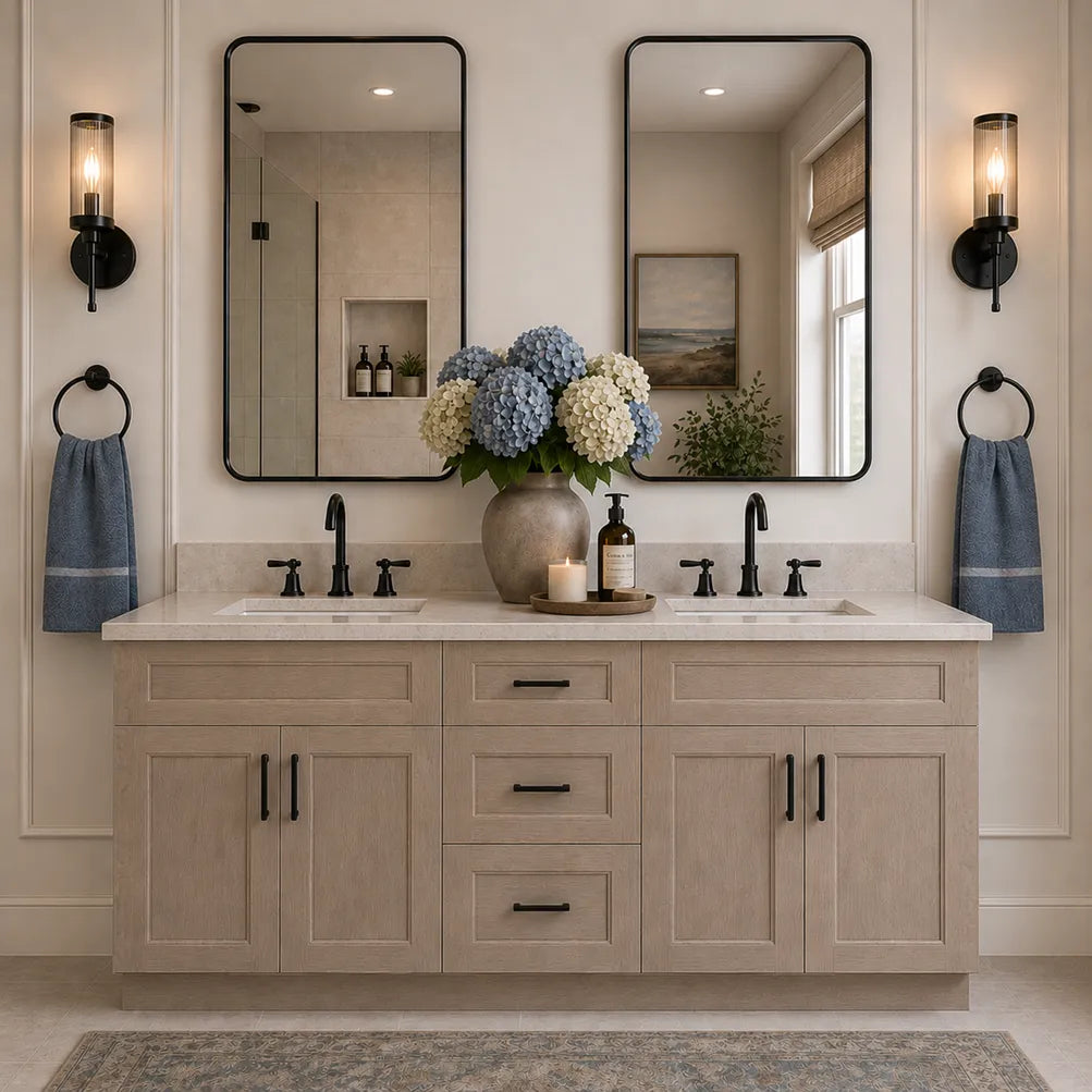 Greige Stained 60" Double Sink Bathroom Vanity Combo w/ Drawers