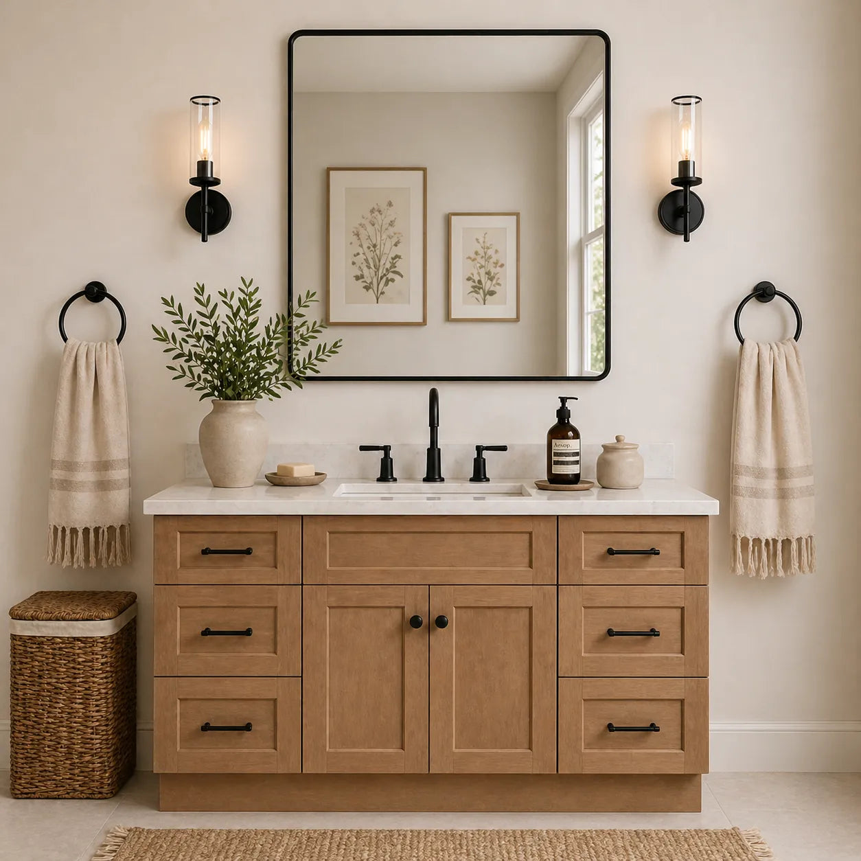 60" Bathroom Vanity With Single Sink, Natural Shaker Vanity, Hardwood Cabinet, Vanity With Drawers, Solid Wood Bathroom Furniture, Farmhouse
